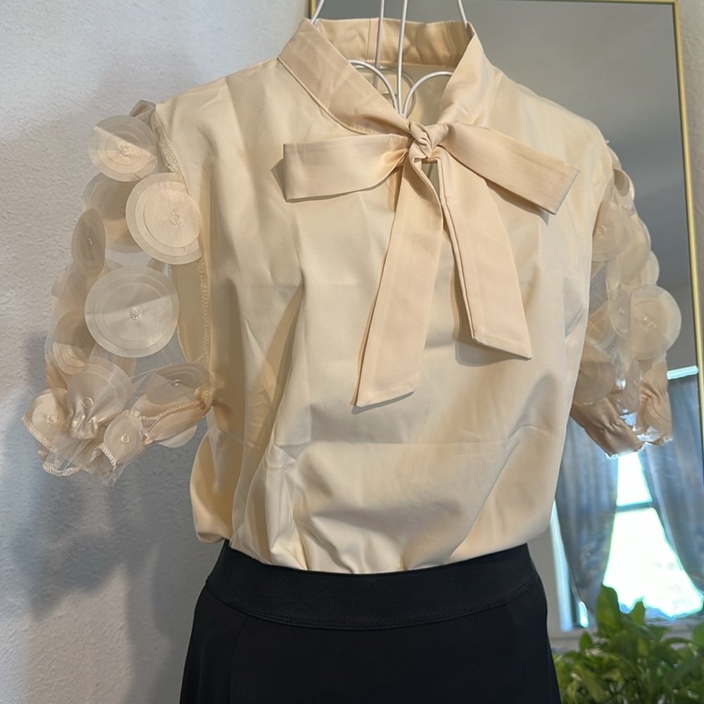 Cream Puff Sleeve Blouse with Tie Front